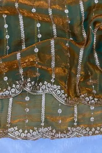 Mustard Color Sequence Embroidery Work Space Silk Saree