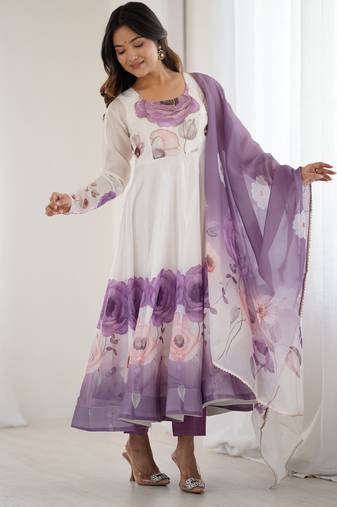 Floral Symphony     White & Lilac Anarkali Dress with Dupatta