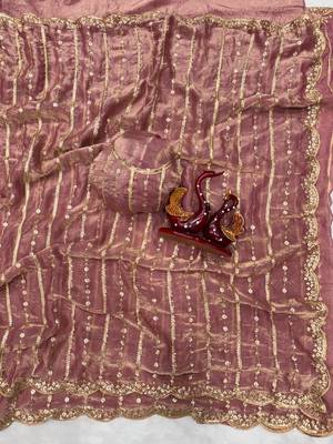 Onion Color Sequence Embroidery Work Space Silk Saree 1
