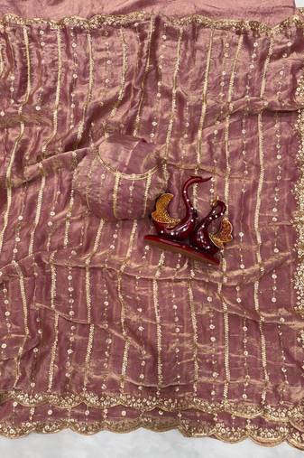 Onion Color Sequence Embroidery Work Space Silk Saree
