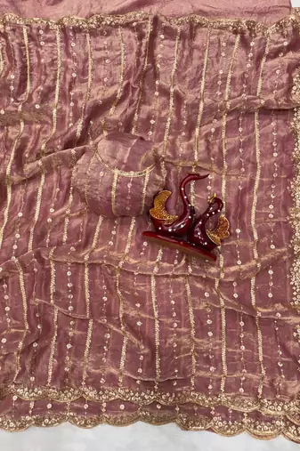 Onion Color Sequence Embroidery Work Space Silk Saree