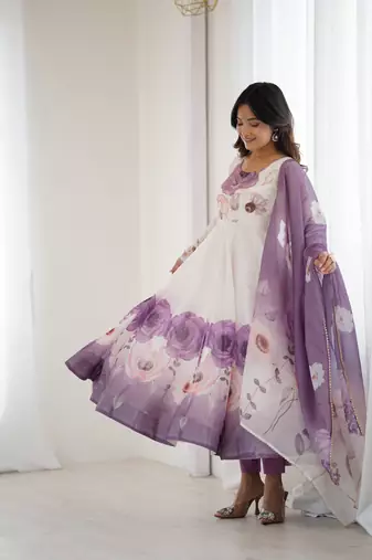 Floral Symphony     White & Lilac Anarkali Dress with Dupatta