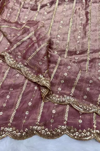 Onion Color Sequence Embroidery Work Space Silk Saree