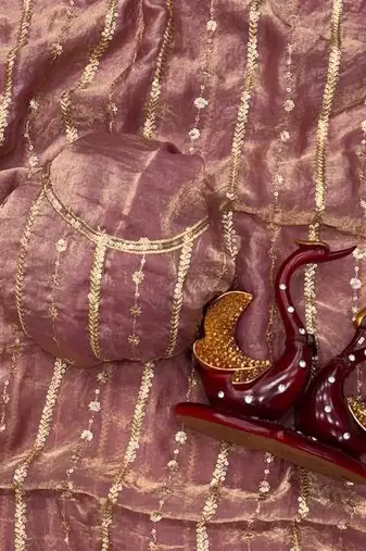 Onion Color Sequence Embroidery Work Space Silk Saree