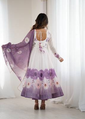 Floral Symphony     White & Lilac Anarkali Dress with Dupatta 4