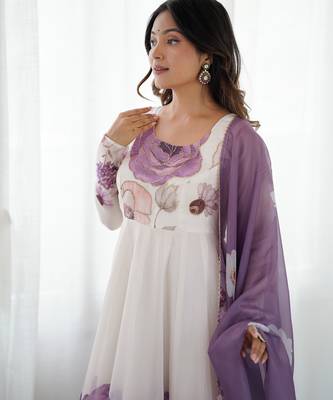 Floral Symphony     White & Lilac Anarkali Dress with Dupatta 5