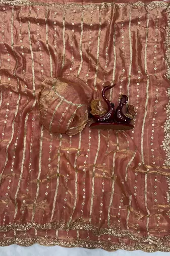 Orange Color Sequence Embroidery Work Space Silk Saree