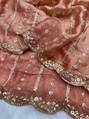 Orange Color Sequence Embroidery Work Space Silk Saree 3