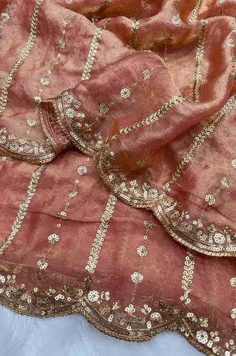 Orange Color Sequence Embroidery Work Space Silk Saree
