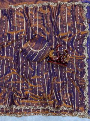 Purple Color Sequence Embroidery Work Space Silk Saree 1