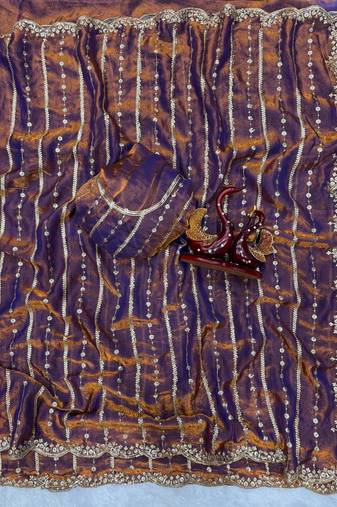 Purple Color Sequence Embroidery Work Space Silk Saree