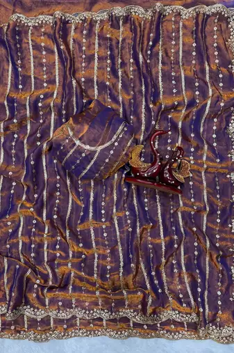 Purple Color Sequence Embroidery Work Space Silk Saree