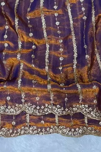 Purple Color Sequence Embroidery Work Space Silk Saree