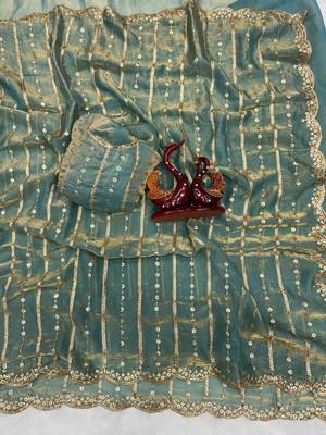 Sea Green Color Sequence Embroidery Work Space Silk Saree 1