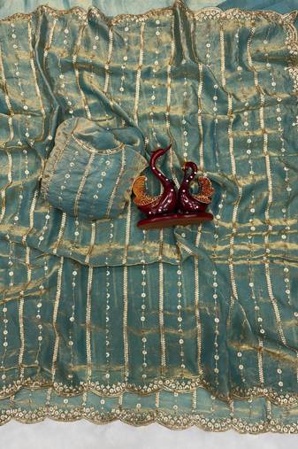 Sea Green Color Sequence Embroidery Work Space Silk Saree