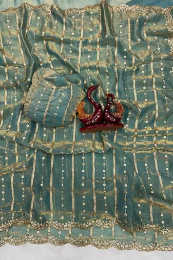 Sea Green Color Sequence Embroidery Work Space Silk Saree