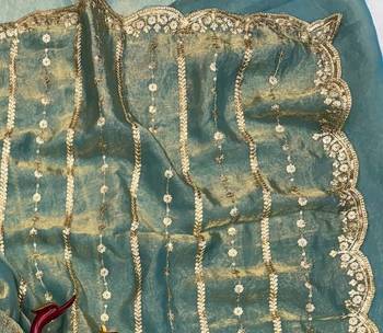Sea Green Color Sequence Embroidery Work Space Silk Saree 3