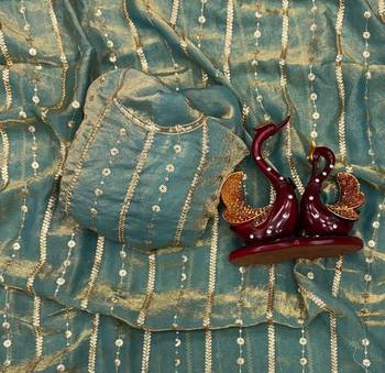 Sea Green Color Sequence Embroidery Work Space Silk Saree 4
