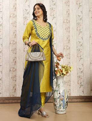 Lemon art silk blend foil embroidered work kurti pant dupatta 1
