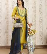 Lemon color art silk foil embroidered work kurti pant dupatta
