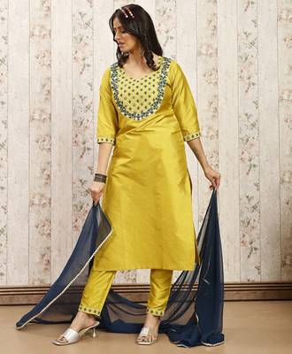 Lemon art silk blend foil embroidered work kurti pant dupatta 2