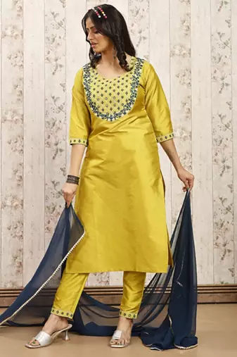 Lemon color art silk blend foil embroidered work kurti pant dupatta