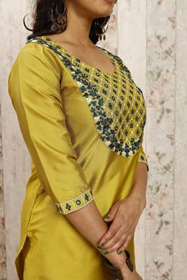 Lemon art silk blend foil embroidered work kurti pant dupatta 3