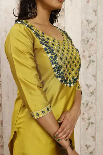 Lemon color art silk blend foil embroidered work kurti pant dupatta
