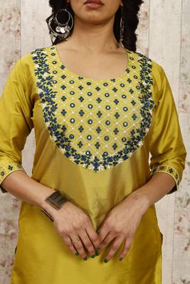 Lemon art silk blend foil embroidered work kurti pant dupatta 4