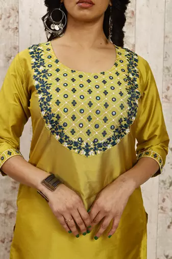 Lemon color art silk blend foil embroidered work kurti pant dupatta