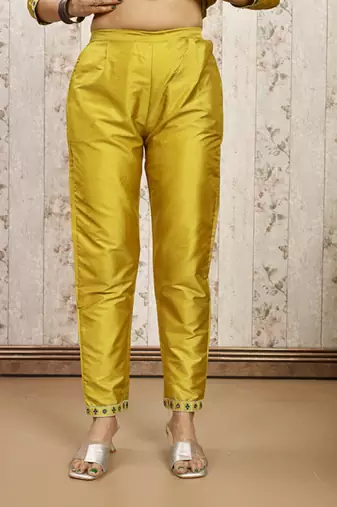 Lemon color art silk blend foil embroidered work kurti pant dupatta