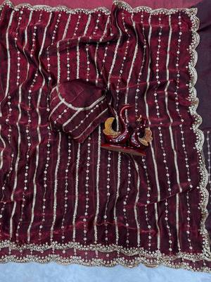 Wine Color Sequence Embroidery Work Space Silk Saree 1