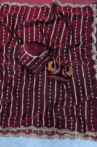 Wine Color Sequence Embroidery Work Space Silk Saree