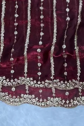 Wine Color Sequence Embroidery Work Space Silk Saree