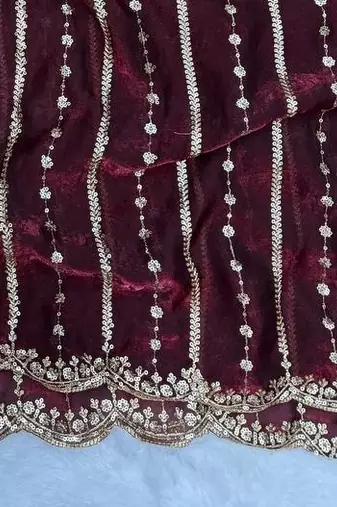 Wine Color Sequence Embroidery Work Space Silk Saree