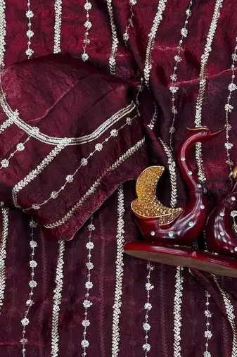Wine Color Sequence Embroidery Work Space Silk Saree