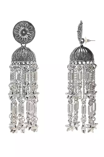 Ethnic silver oxidized indian wedding bollywood style boho jhumka earrings for women 