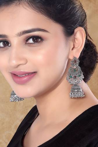 Ethnic silver oxidized indian wedding bollywood style boho jhumka earrings for women (e3278oxmg)