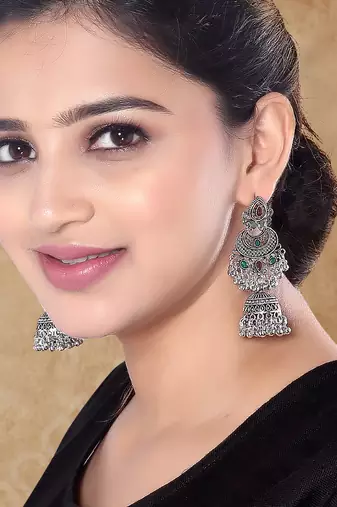 Ethnic silver oxidized indian wedding bollywood style boho jhumka earrings for women 