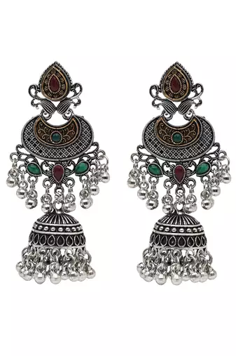 Ethnic silver oxidized indian wedding bollywood style boho jhumka earrings for women 