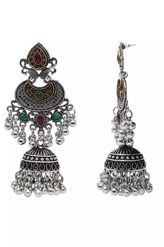 Ethnic silver oxidized indian wedding bollywood style boho jhumka earrings for women 