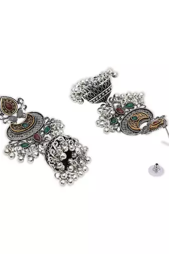 Ethnic silver oxidized indian wedding bollywood style boho jhumka earrings for women 
