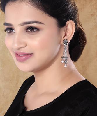 Ethnic silver oxidized indian wedding bollywood style floral design earrings for women  1
