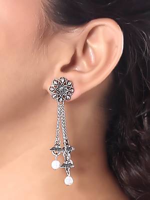 Ethnic silver oxidized indian wedding bollywood style floral design earrings for women  2
