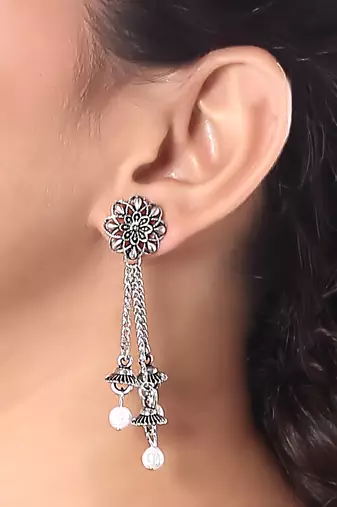 Ethnic silver oxidized indian wedding bollywood style floral design earrings for women 