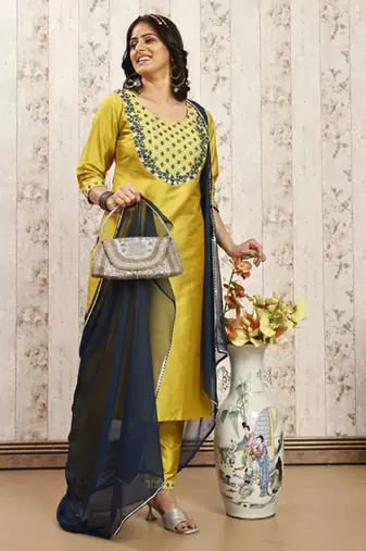 Violet color art silk foil embroidered work kurti pant dupatta