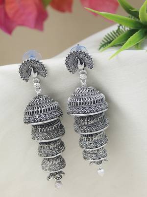 Ethnic silver oxidized indian wedding bollywood multi layered peacock design jhumka earring for women  1