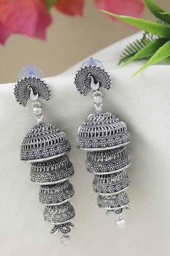 Ethnic silver oxidized indian wedding bollywood multi layered peacock design jhumka earring for women (e3286ox)