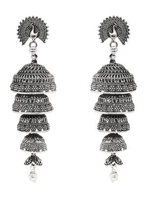 Ethnic silver oxidized indian wedding bollywood multi layered peacock design jhumka earring for women  2