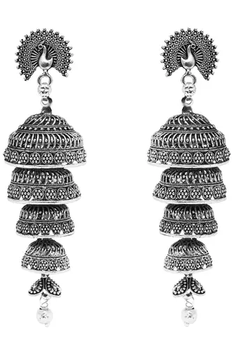 Ethnic silver oxidized indian wedding bollywood multi layered peacock design jhumka earring for women 